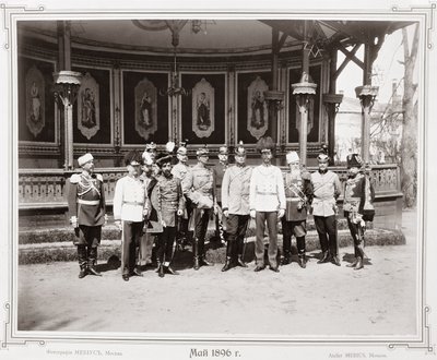 Tsar Nicholas II (1868-1918) Standing in the Garden Pavilion of the Palace with a Group of His Male Supporters, c.1896 by Russian School